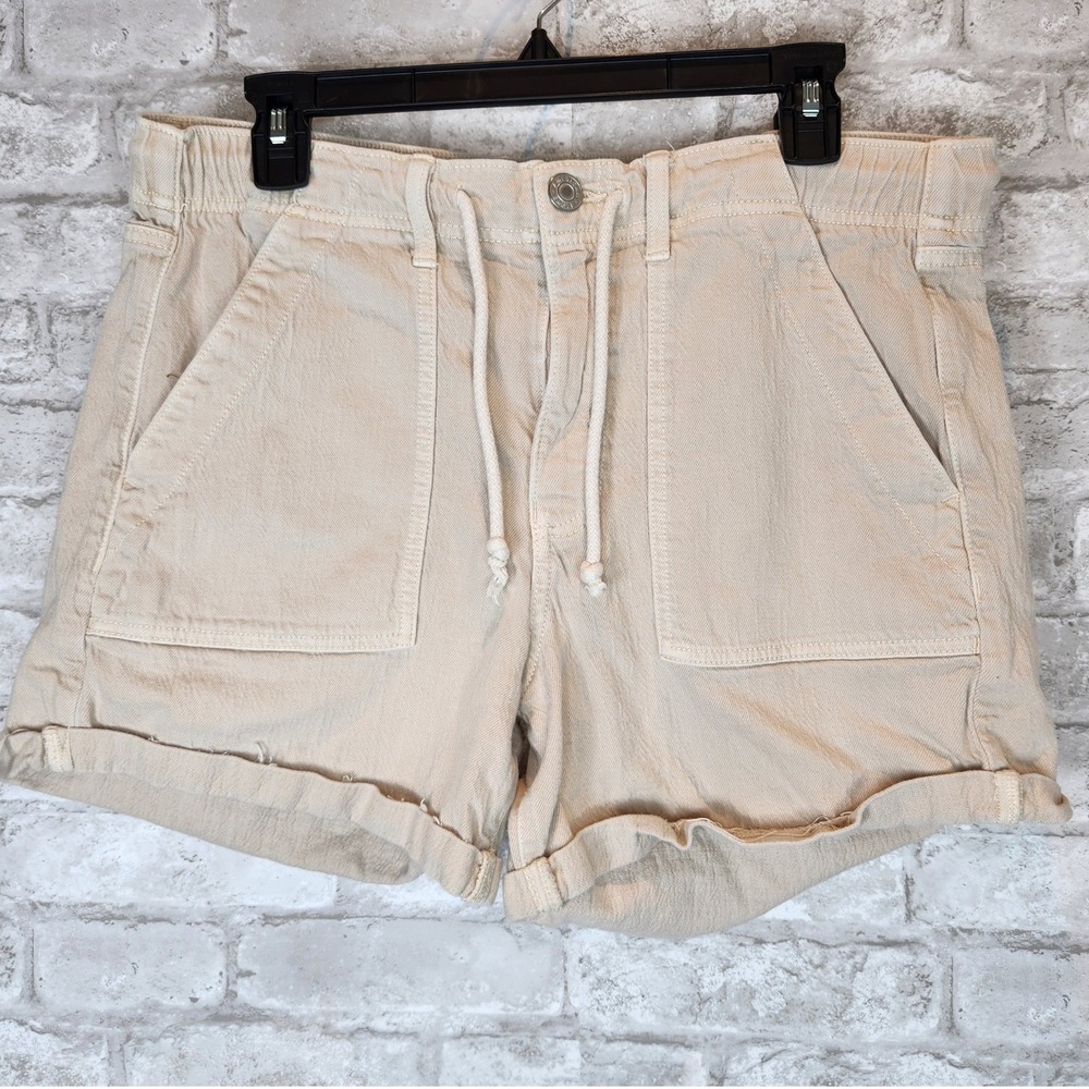 American Eagle Shorts Tan Denim Elastic Waist Drawstring Frayed Hem Size 12